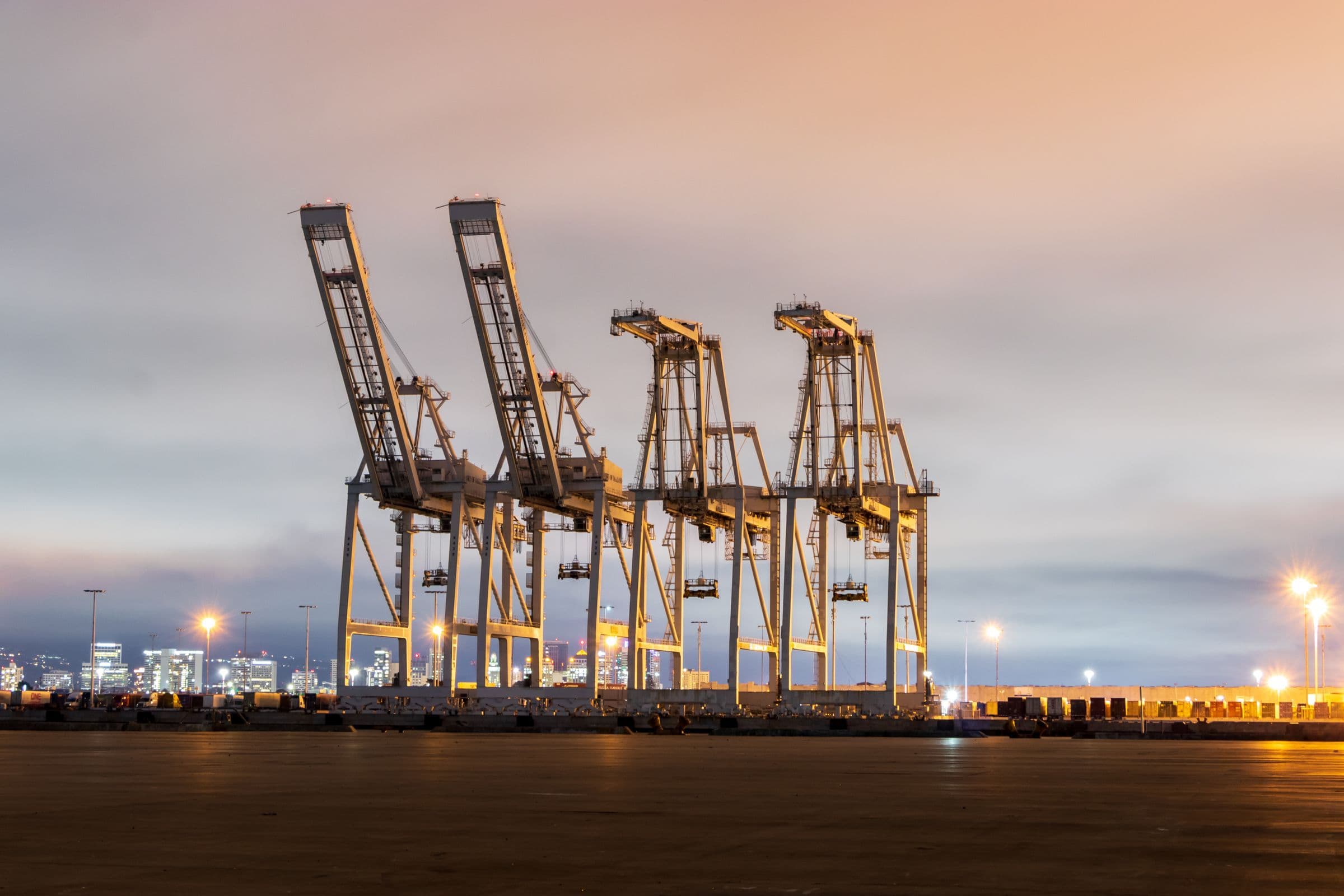 Container-crane terminal at dusk